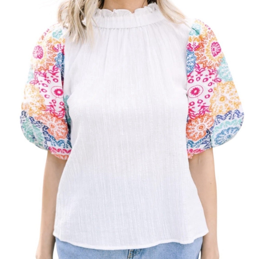 Anthropologie THML Top Womens Medium Embroidered Short Sleeves Bohemian Colorful